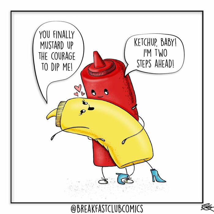 Cartoon ketchup and mustard bottles hugging with food puns in a funny comic about food by Breakfast Club Comics.