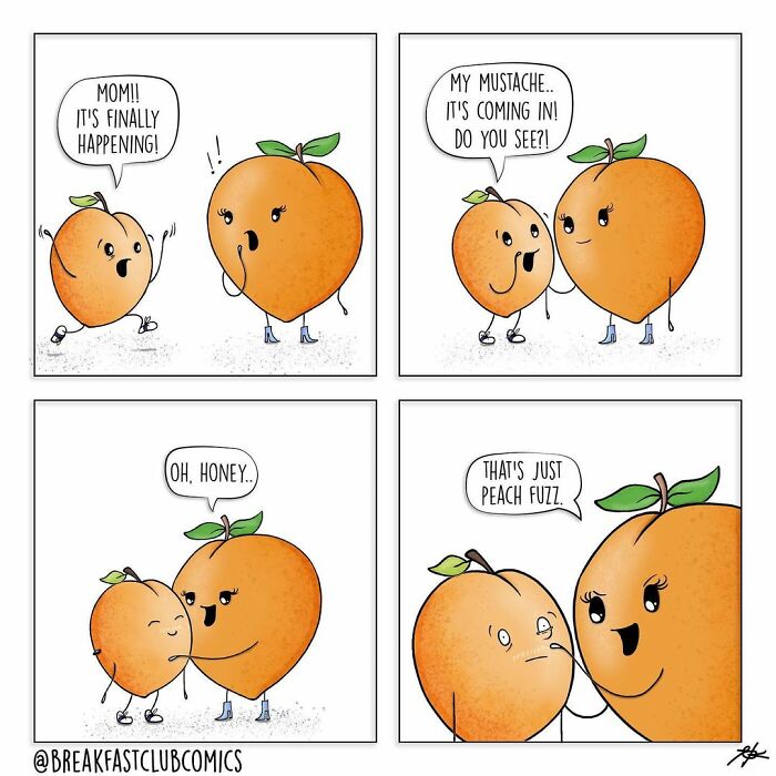 Funny food comic strip featuring puns with peaches, highlighting humorous moments in a playful and cute art style.