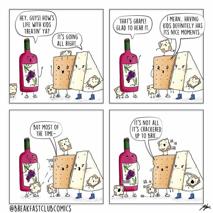Funny food comics featuring puns with wine, crackers, and cheese characters having a playful conversation.