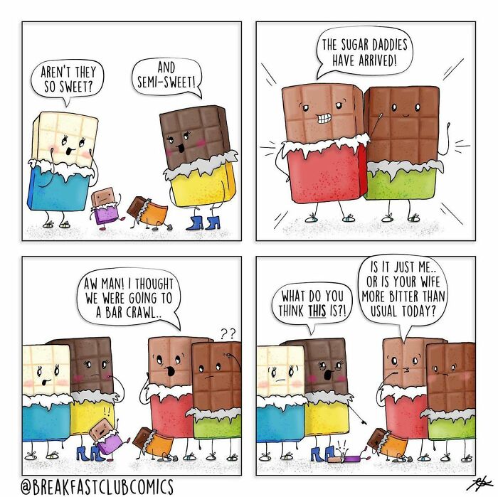 Funny food comics featuring chocolate characters with puns and jokes in a colorful cartoon style.