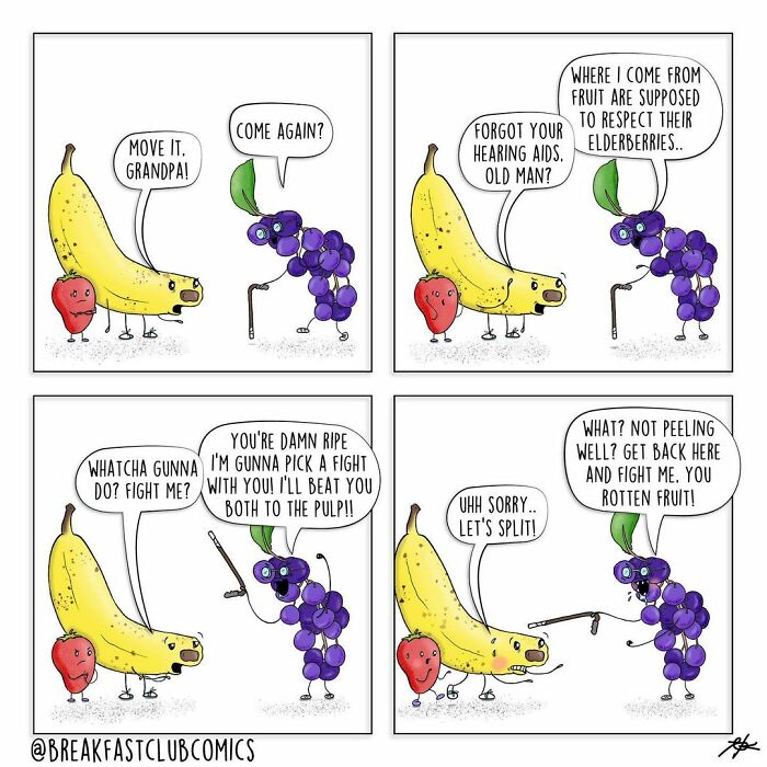 Funny food comics featuring pun-filled dialogue between a banana, grapes, and an apple in a humorous cartoon style.