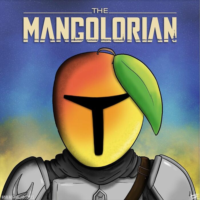 Mango character in armor with a pun on Mandalorian, a funny comic about food with puns and jokes.