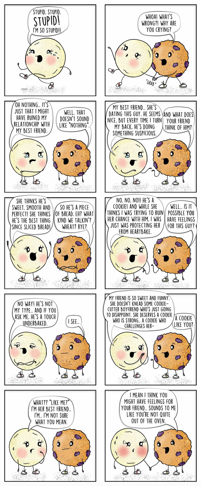 Two animated cookies having a pun-filled conversation in a funny comic about food with jokes and wordplay.