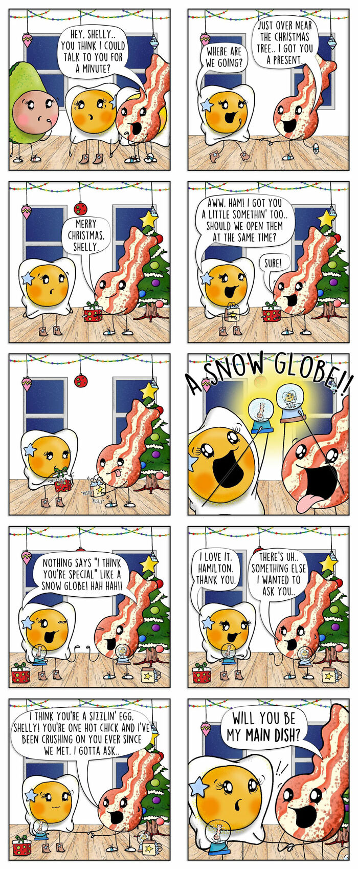 Funny food comic strips featuring pun-filled conversations between an egg, bacon, and avocado in a festive setting.