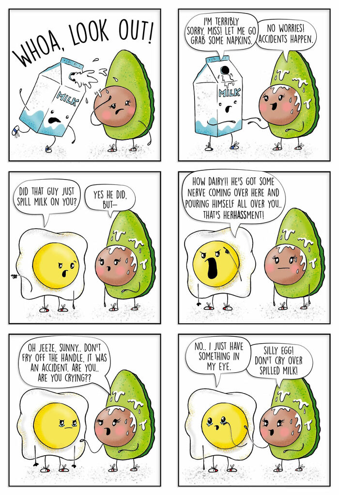 Funny comics about food featuring a spilled milk joke with avocado, egg, and milk characters in a pun-filled comic strip.
