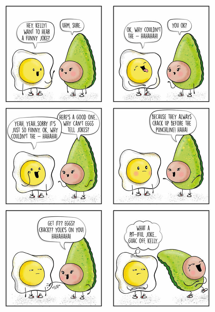 Funny food comic with an egg and avocado sharing puns and jokes in a playful cartoon style.