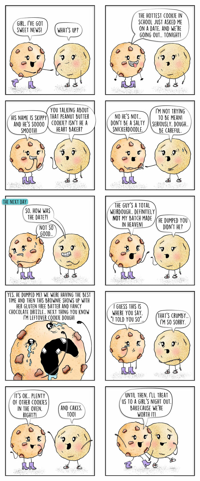 Funny food comics featuring cookies with puns and jokes about dating and relationships in a playful cartoon style.
