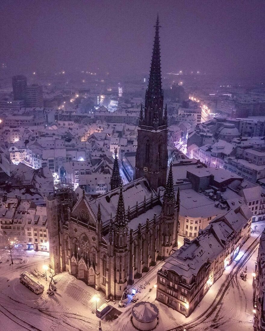 Temple Saint-Étienne In Mulhouse, France At Night