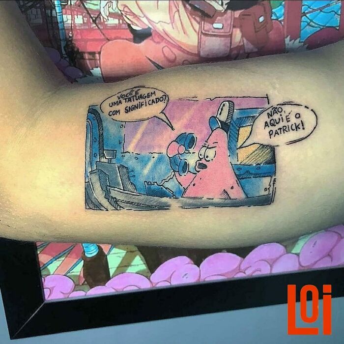 Cartoon tattoo on arm depicting a humorous scene that became uncool quickly.