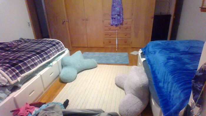 This Is My Bedroom. (My Bed Is On The Left With The Blue Blanket, My Sister's Bed Is The One With A Purple Blanket.