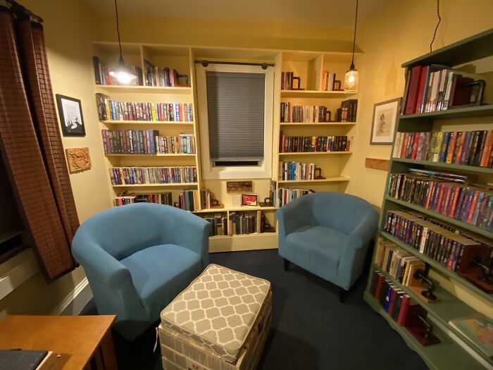 One Of My Quarantine Projects. I Built The Yellow Shelves. In This Photo I Hadn't Put All The Books Up Yet.