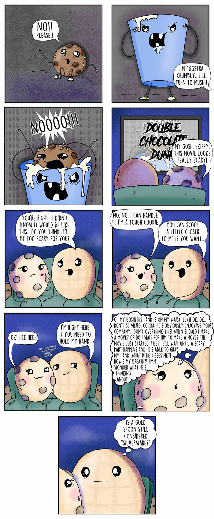 Comic panels showing funny food characters like cookies and milk with pun-filled dialogue and jokes about food and relationships.