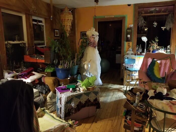 My Living Room/Art Studio/Guinea Pig Habitat. Yes There Is A Cage Of Them Behind The Plants!