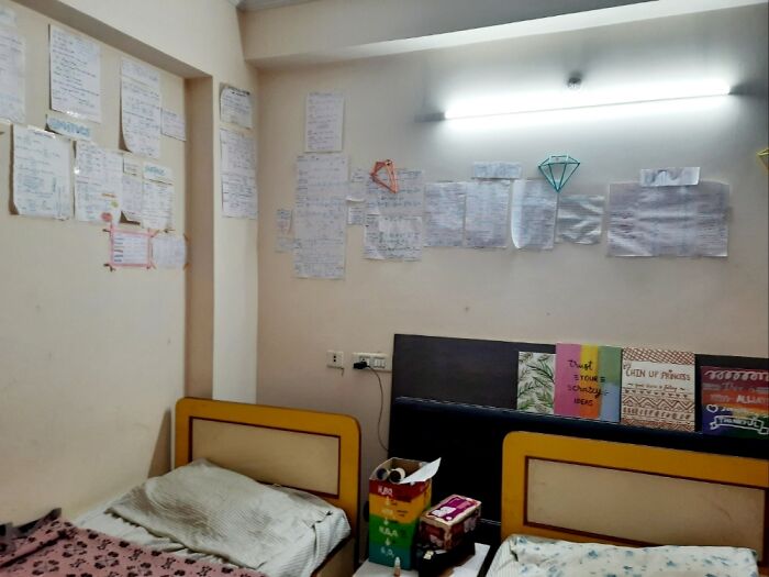 The Papers On The Wall Is Me Studying Chemistry, And The Paintings Are Mine Too