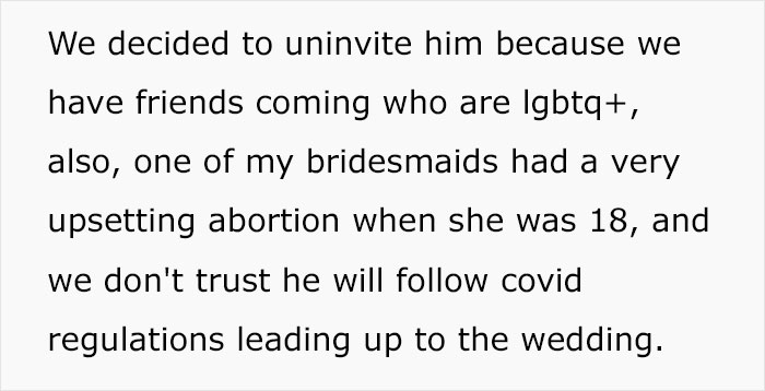 Couple Uninvites A Guest From Their Wedding After Reading His Facebook Posts, Divides People's Opinions Couple Uninvites A Guest From Their Wedding After Reading His Facebook Posts, Divides People's Opinions
