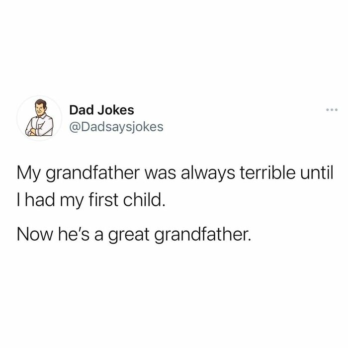 Dad joke text from Instagram account about a grandfather becoming a great grandfather after a child is born.