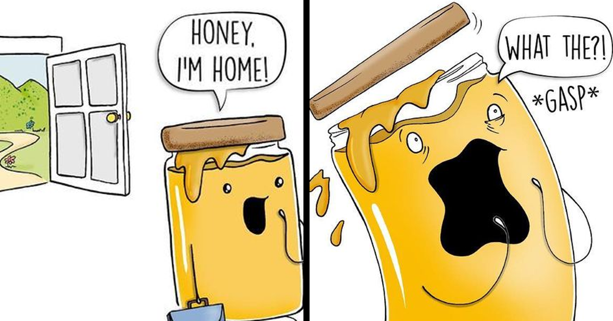 Funny food comic featuring a surprised anthropomorphic honey jar with puns and jokes in a cartoon style.