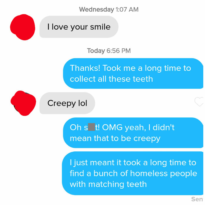 Tinder chat screenshot of people talking about teeth 