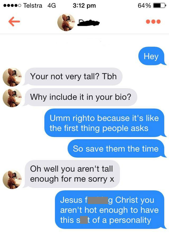 Tinder chat screenshot of people talking about heights 