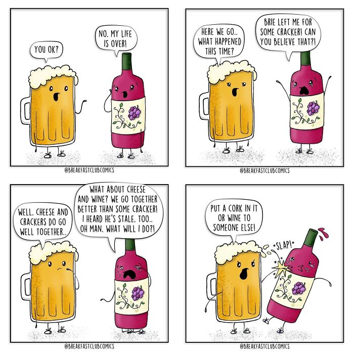 Funny comics about food featuring personified beer and wine with pun-filled dialogue in a humorous comic strip style.