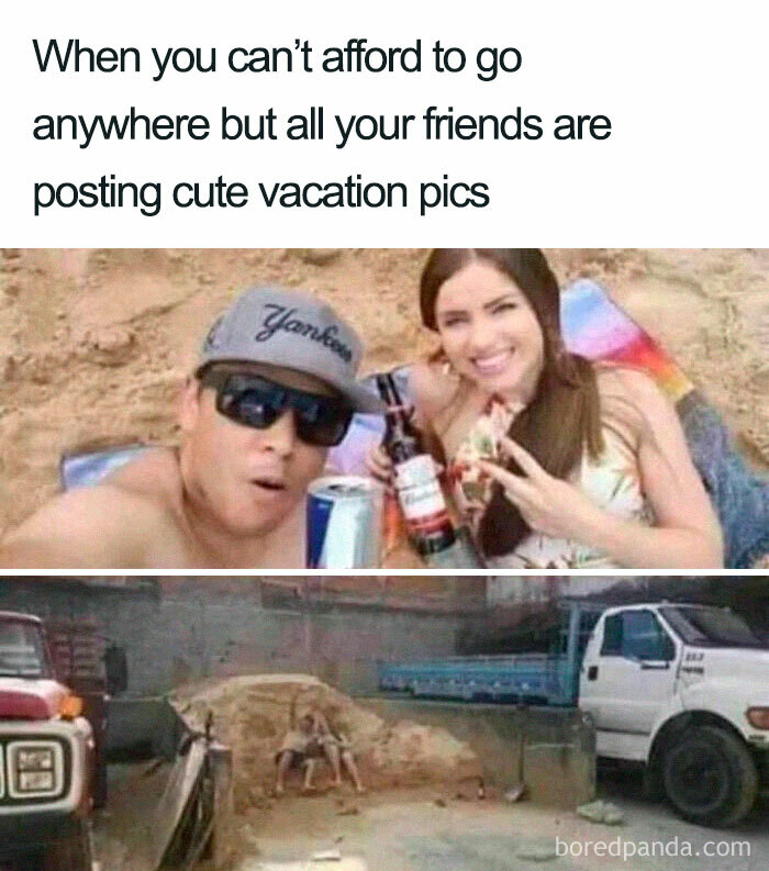 Couple posing like a vacation photo in a construction site, humorously mimicking summer vibes.