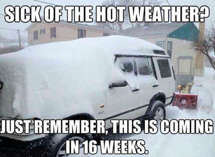 SUV covered in snow, contrasting hot weather humor for summer memes.