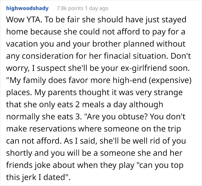 Rich Man Doesn't Realize His GF Can't Afford His Lavish Lifestyle And Skipped Meals On Vacation, Asks If He's Wrong Rich Man Doesn't Realize His GF Can't Afford His Lavish Lifestyle And Skipped Meals On Vacation, Asks If He's Wrong