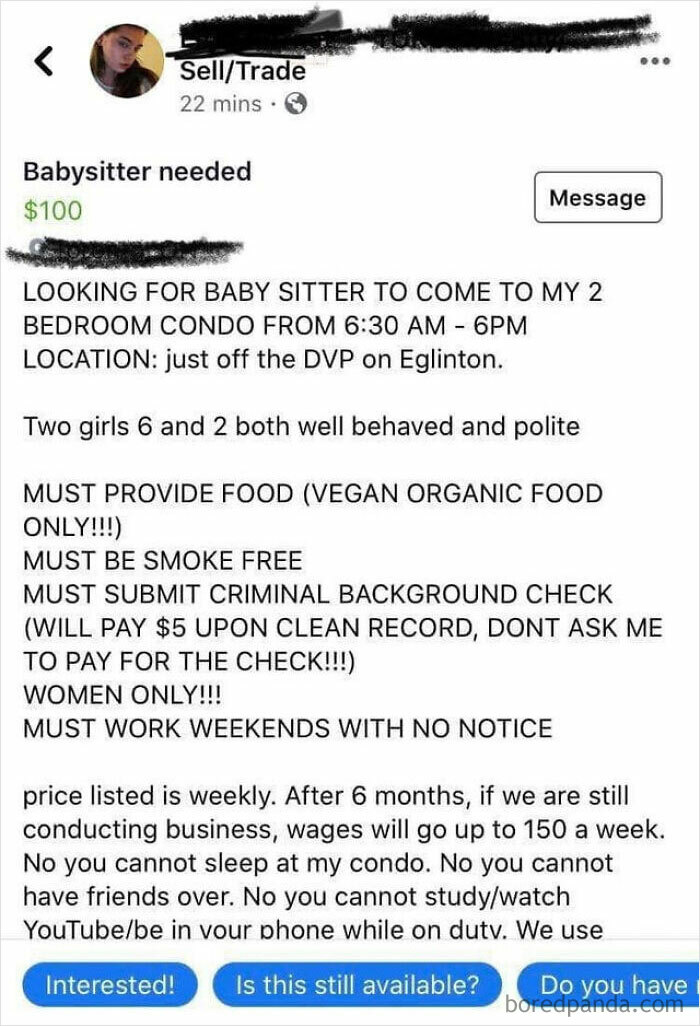 I'm Sure That $100 Per Week Will Go Far To Provide The Vegan Organic Food She's Demanding The Babysitter Supply