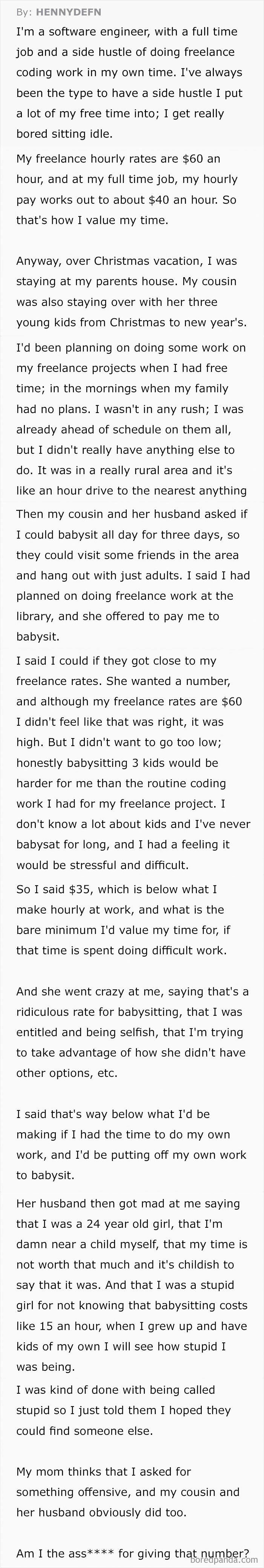 Parents Get Mad At Woman After She Asks $35/Hour To Babysit Their 3 Children