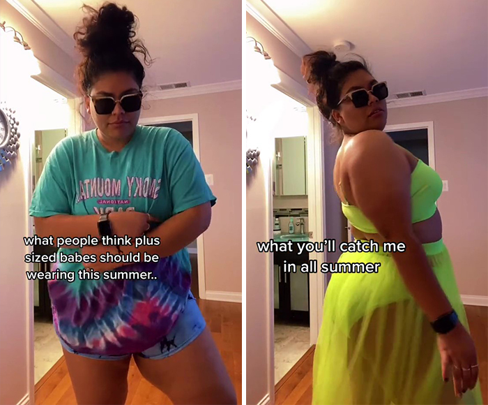 5 Side-By-Side Pictures Of Plus-Size Women Showing What Others Want Them To Wear At The Beach And What They Want To Wear, As Shared For A TikTok Trend 5 Side-By-Side Pictures Of Plus-Size Women Showing What Others Want Them To Wear At The Beach And What They Want To Wear, As Shared For A TikTok Trend