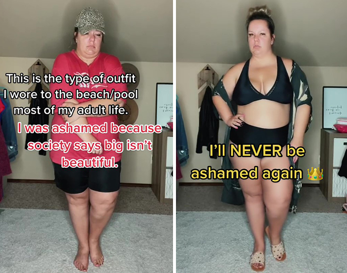 5 Side-By-Side Pictures Of Plus-Size Women Showing What Others Want Them To Wear At The Beach And What They Want To Wear, As Shared For A TikTok Trend