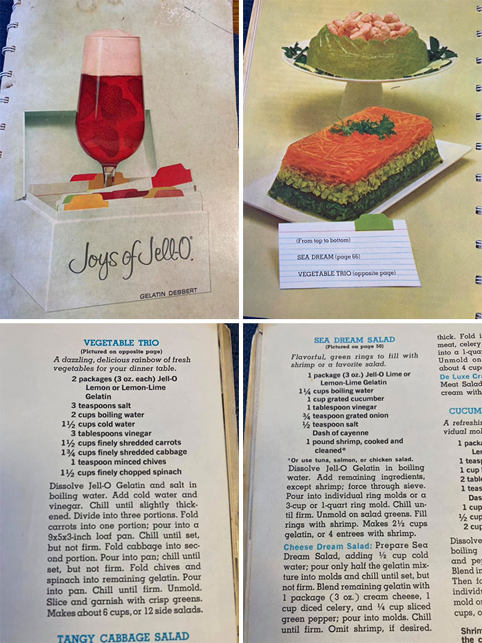 A Few "Gems" From The Joys Of Jell-O Cookbook, Which A Quick Google Search Informs Me Is A Promotional Cookbook From 1962. There Wasn't A Photo For The "Bleu Cheese Deluxe" Mold, And More's The Pity, Because I'd Love To See That