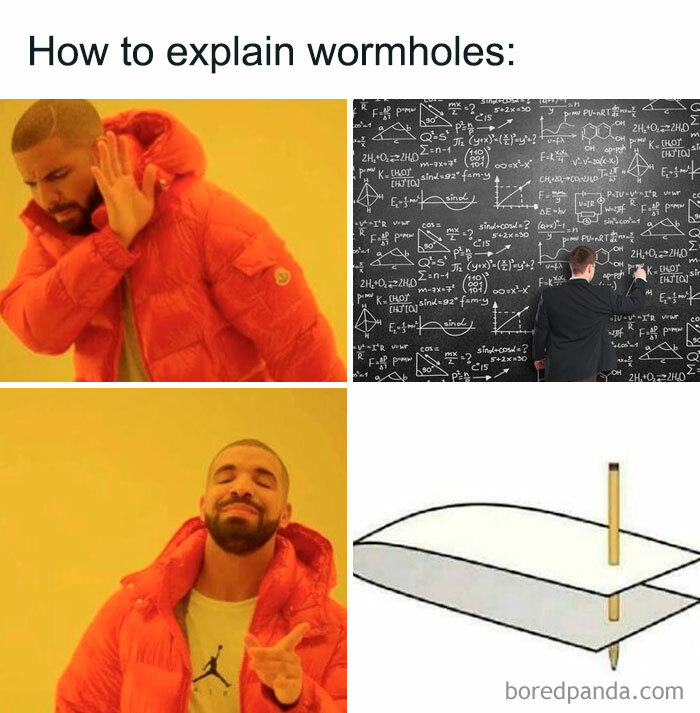 Drake meme humorously explaining wormholes with equations and a simple drawing.