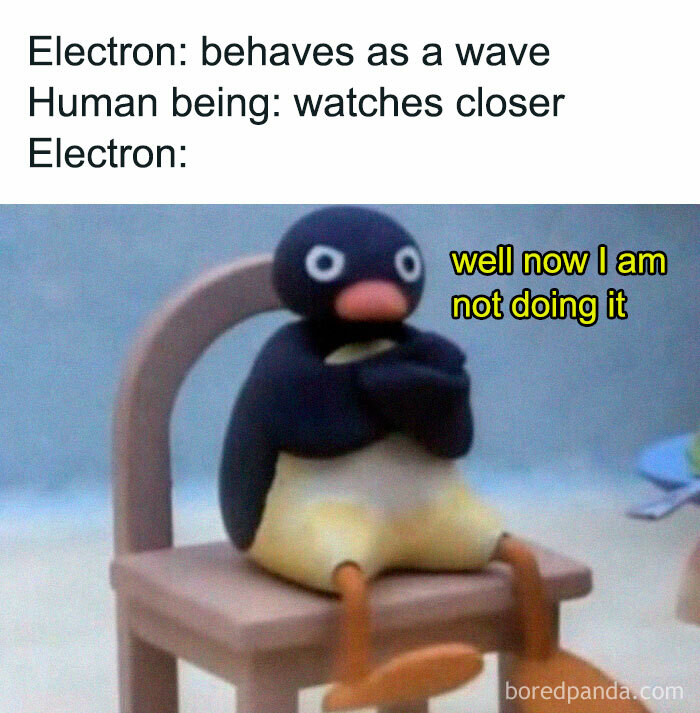 Penguin meme humorously illustrates science concept with electron behaving unpredictably under observation.