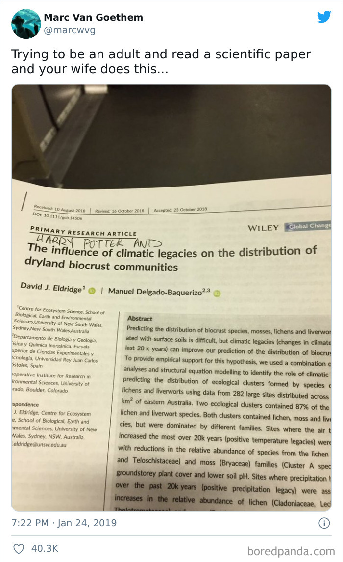 Clever science meme with edited research paper title adding humor to scientific content.