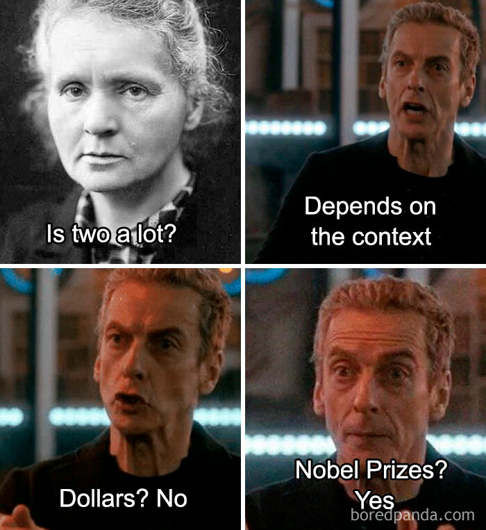 Clever science meme featuring Marie Curie and a humorous dialogue about context between dollars and Nobel Prizes.