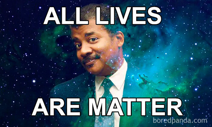 Man in a suit with humorous science meme text overlay in a cosmic background.