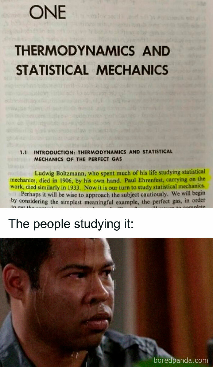 Science meme showing a textbook on thermodynamics and a stressed person sweating.
