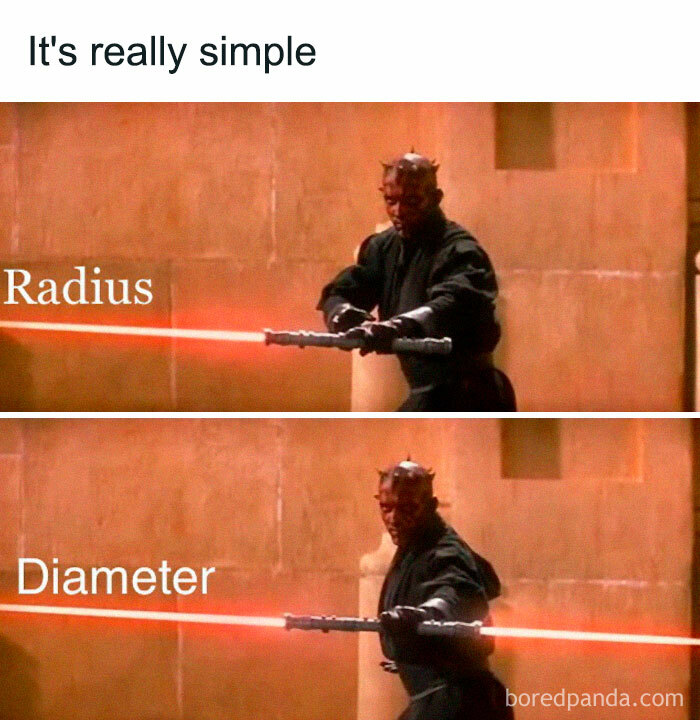 Character with a double lightsaber illustrating radius vs diameter in clever science meme.