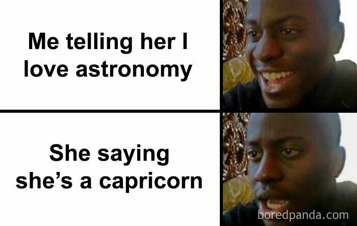 Man reacting to confusion between loving astronomy and zodiac signs; clever science meme humor.