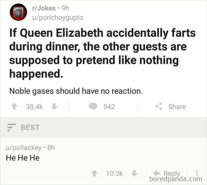 Science meme about noble gases humorously comparing to Queen Elizabeth at dinner.