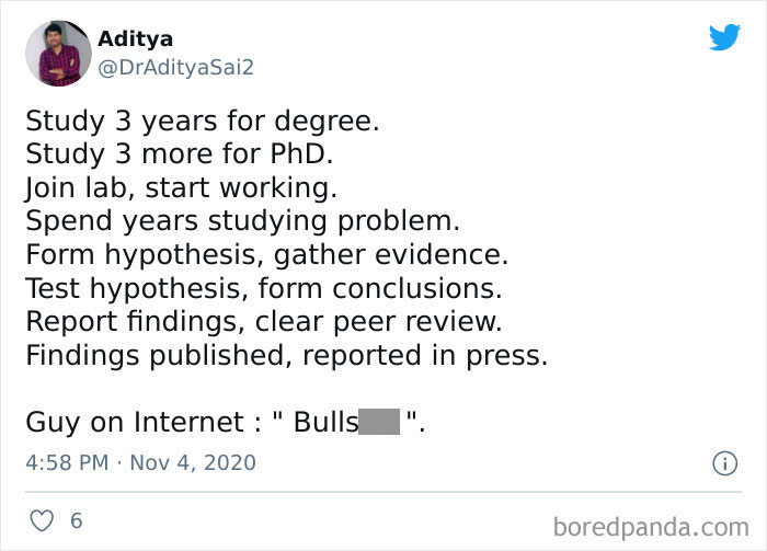 Science meme humorously illustrating the long process of scientific research versus online skepticism.