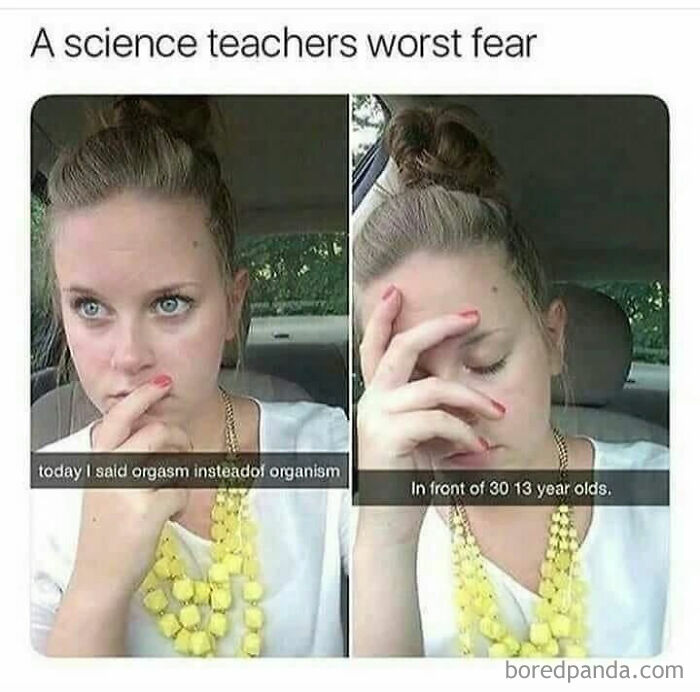Woman facepalming, regretting a verbal slip in a science class, blending clever humor with knowledge.