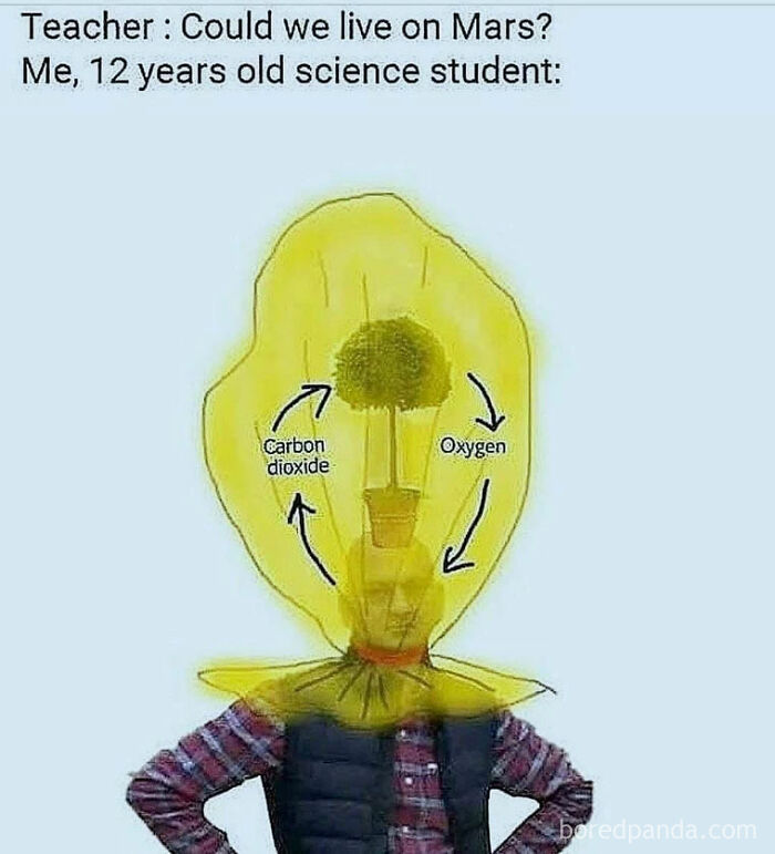 Clever science meme of a student wearing a plant in a helmet, humorously addressing Mars colonization.