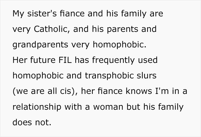 Catholic Woman Doesn't Want Her Sister To Bring Her Girlfriend To Her Wedding, Starts A Family Conflict