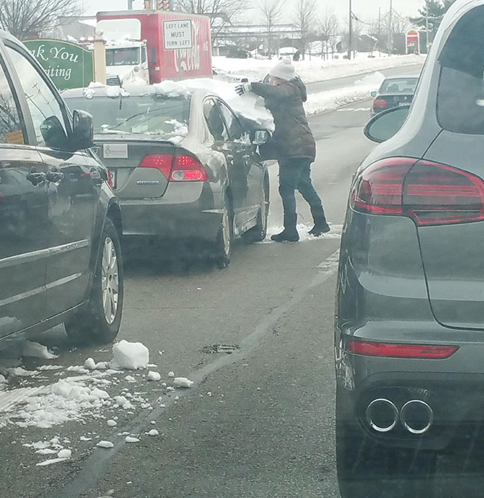 Yes, The Middle Of A Busy Road Is The Best Place To Remove A Foot And A Half Of Snow From A Blizzard That Happened 3 Days Ago