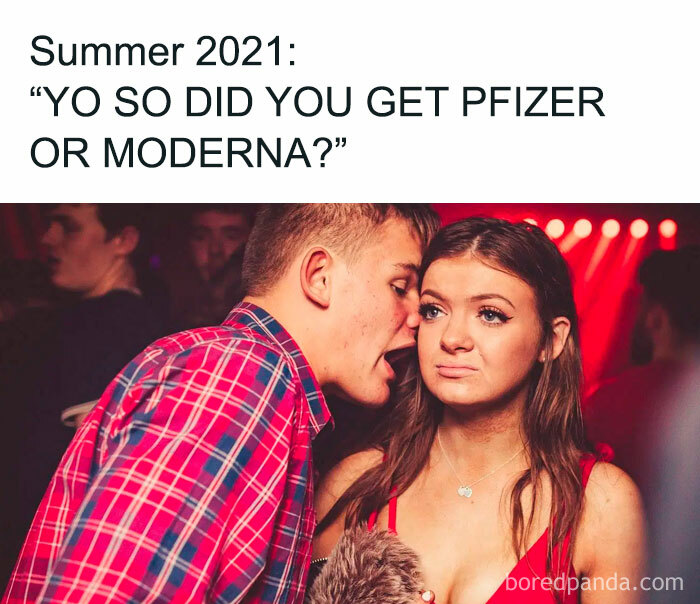 A funny meme shows a man leaning in to talk to a woman who looks unimpressed; text asks about Pfizer or Moderna.