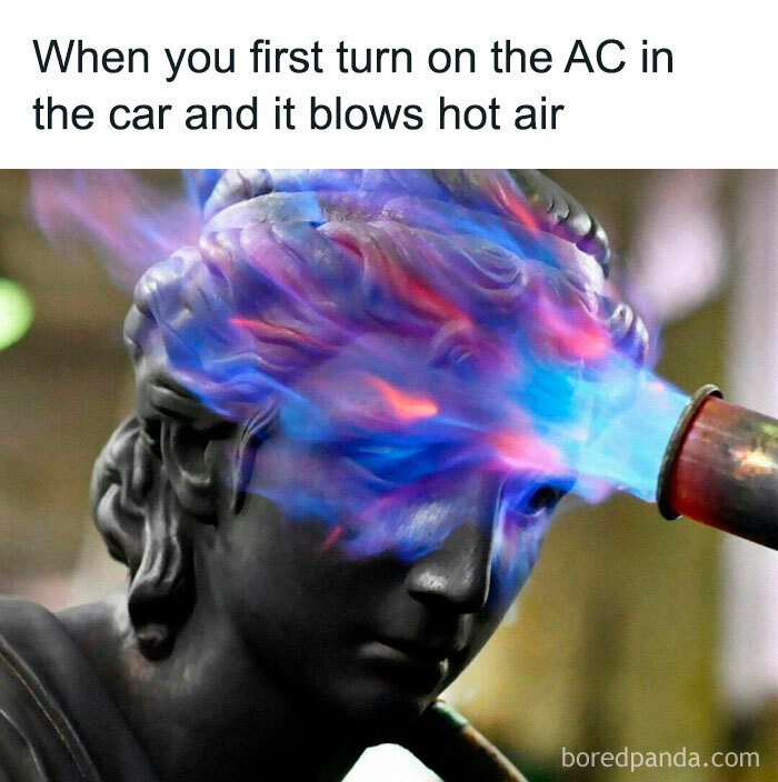 Bust statue hit with colorful flames, illustrating a funny summer meme about hot air from car AC.