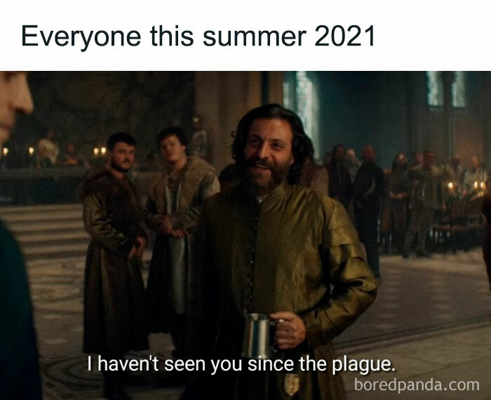 Man in medieval outfit joking about summer, saying, "I haven't seen you since the plague," in a humorous meme.