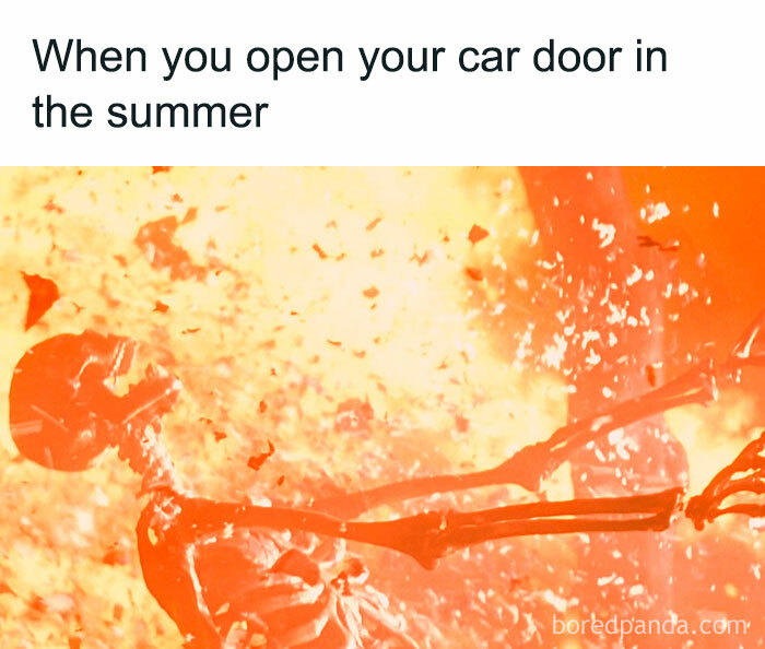 Summer meme of an exploding skeleton representing intense heat when opening car door.
